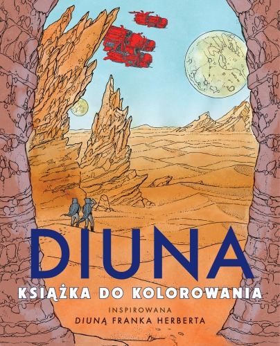 Okładka polskiego wydania Diuny książki do
kolorowania, przedstawiająca pokolorwany rysunek Paula i Jessiki
uciekających przez pustynię.