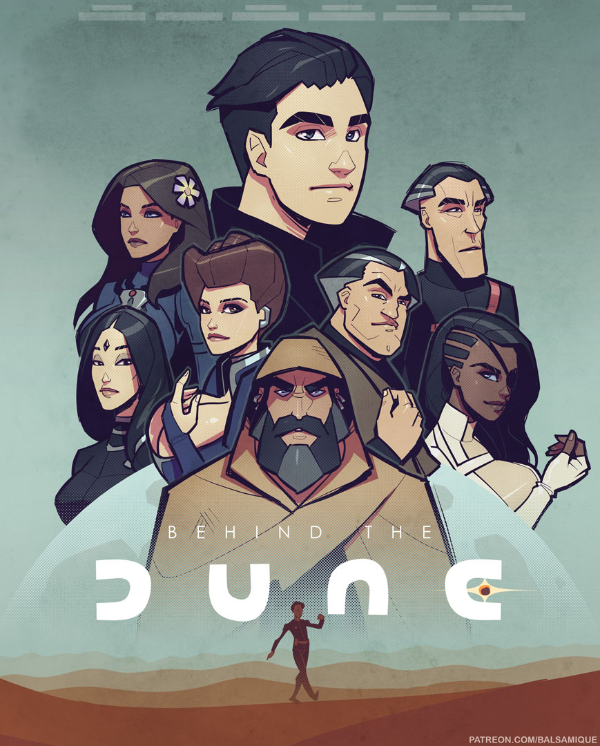 Grafika promocyjna Behind the Dune wzorowana na plakacie
reklamującym film Denisa Villeneuve. Kompozycja grafiki jest identyczna
z plakatem filmowym, a jedyna różnica to zastąpienie dr Kynes z
oryginalnego plakatu postacią czarnoskórej przemytniczki.