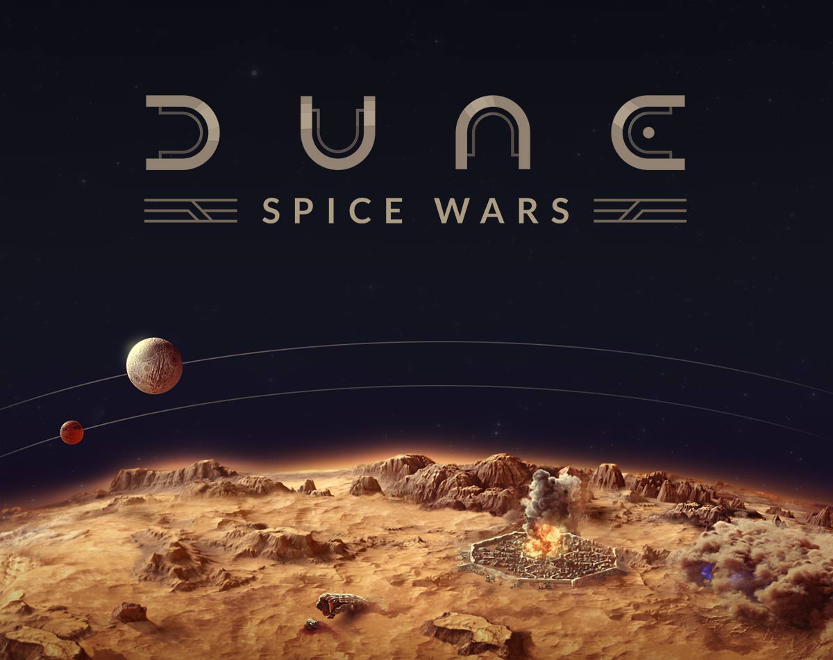 Grafika tytułowa gry Dune: Spice Wars. Na dole grafiki widoczna
jest pokryta piachem i skałami powierzchnia planety Arrakis. Nad nią
widoczne dwa księżyce. Górna część grafiki jest ciemna, z delikatnie
widocznymi gwiazdami. Na górze pośrodku znajduje się tytuł gry.