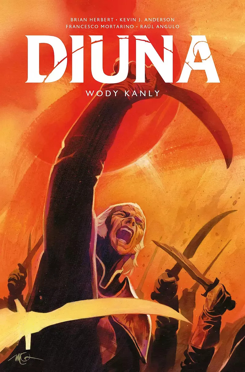Okładka polskiego wydania komiksu. Na pierwszym
planie widać Gurneya Hallecka, z okrzykiem na ustach i uniesioną prawą
ręką uzbrojoną w zakrzywiony miecz. Za Gurneyem widać las uniesionych
rąk, z których każda trzyma miecz.