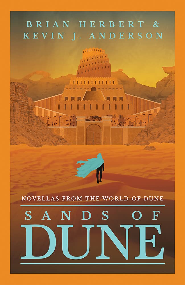 Okładka angielskiego wydania Sands of Dune. Na pierwszym planie
znajduje się mała sylwetka postaci ubranej w powiwającą na wietrze
pelerynę. W oddali widać pałac otoczony skałami i zlewający się z nimi
kolorystycznie. Pomiędzy bliską postacią a odległym pałacem rozciągają
się piaski pustyni.